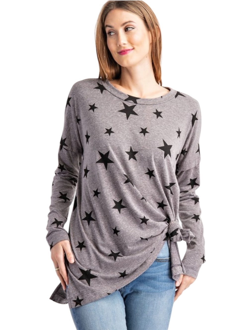 7146. Rae Mode Gray Star-Print Long Sleeve Tunic Top